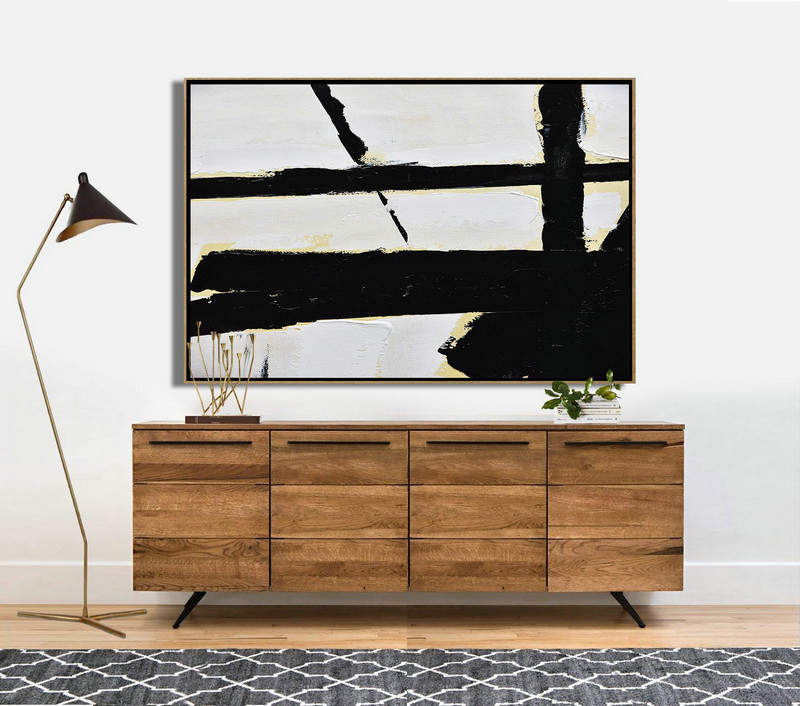 Large Wall Art Home Decor,Horizontal Palette Knife Minimal Canvas Art Painting Black White Beige - Acrylic Painting Large Wall Art